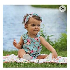 Baby Girl Green Floral Pom Pom Romper Jumpsuit & Tiara 2pcs Set